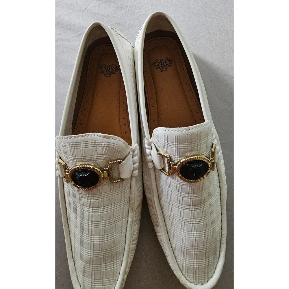 Royal Mens Driver Loafers 9.5 White Leopard Medallion Bit Slip On Moc Toe Casual